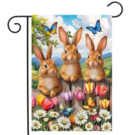 Bunny Greeting Garden Flag with three brown rabbits, colorful flowers, and butterflies on a wooden fence.