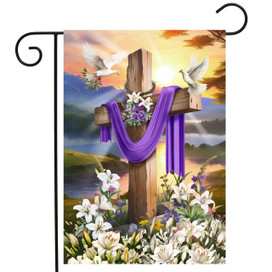 Easter Sunrise Cross Garden Flag with purple cloth, white flowers, and doves on wooden cross.