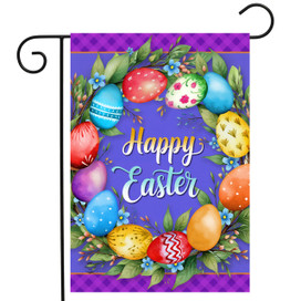 Colorful Easter Wreath Garden Flag with Happy Easter text and decorated eggs on purple background.