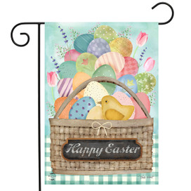 Colorful Easter Basket Garden Flag with eggs, chick, and "Happy Easter" sign on wicker basket.