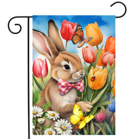 Stop and Smell the Tulips Garden Flag with bunny, tulips, butterflies, and daisies design.