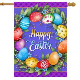 Colorful Easter Wreath House Flag with Happy Easter text and vibrant eggs on purple background.