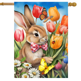 Stop and Smell the Tulips House Flag with bunny, tulips, butterflies, and daisies design.