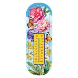 Butterflies and Peonies metal thermometer with colorful floral design and temperature gauge on yellow background.