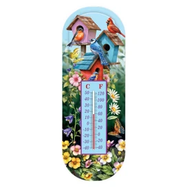 Spring Celebration Birdhouses Metal Thermometer with colorful birdhouses, flowers, and birds.