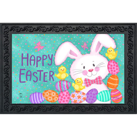 Easter Time Doormat with pink bunny, chicks, colorful eggs and Happy Easter text on teal background.