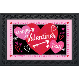 Cupid's Hearts Doormat with Valentine's Day design, pink and red hearts on black background.