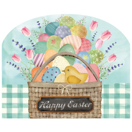Colorful Easter Basket Acrylic Art Sign with decorated eggs, flowers, and a yellow chick inside.