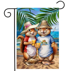 Summer Chipmunks Garden Flag, two chipmunks in summer clothes and hats on a beach scene.
