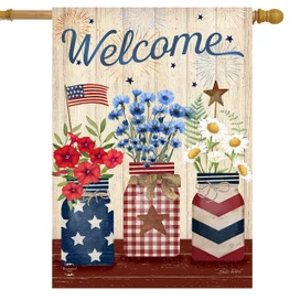 Welcome American Mason Jars House Flag with patriotic flowers and jars on rustic background design.