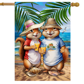 Summer Chipmunks House Flag with chipmunks in beach hats holding drinks on a sandy beach.