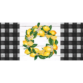 Lemon Wreath Mini Mat with yellow lemons, green leaves, and white flowers on white wood background.