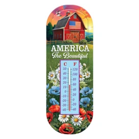 American Barn Metal Thermometer with floral design and patriotic barn scene in red, white, and blue colors.
