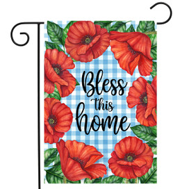 Bless This Home garden flag with red poppies on blue gingham background and green leaves.