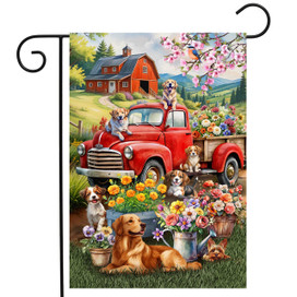 Farm Pups Garden Flag with colorful dogs, red truck, and vibrant flowers on a garden background.