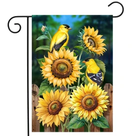 Goldfinch Gathering Garden Flag with sunflowers and yellow birds on a wooden fence background display.