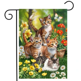 Kittens in Garden Garden Flag with four adorable kittens and flowers in a colorful garden setting.