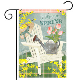 Spring Adirondack Chair Garden Flag with Welcome SPRING text, pink tulips, and white chair design.