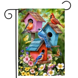 Spring Celebration Birdhouses Garden Flag with colorful birdhouses, birds, butterflies, and flowers.