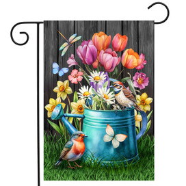 Garden Buddies Garden Flag with colorful flowers, birds, and butterflies on a blue watering can.