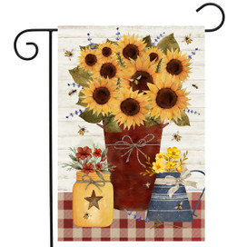 Farmers Market Garden Flag with sunflowers, mason jars, and flowers on red checkered tablecloth design.