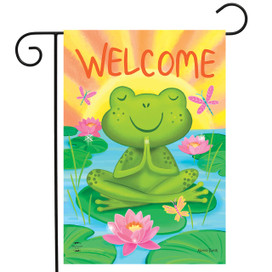 Peaceful Frog Garden Flag with green frog, pink flowers, and "Welcome" text on colorful garden flag.