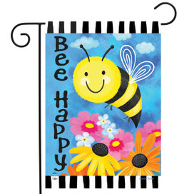 Bee Happy Bumblebee Garden Flag with colorful flowers and smiling bee on blue background with stripes.