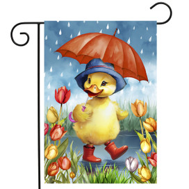 Rainy Day Duckling Garden Flag with yellow duck, red boots, and umbrella amidst colorful tulips.