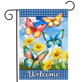 Butterfly Garden Welcome Garden Flag with colorful butterflies and flowers on blue plaid background.