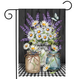 Lavender and daisies checkered garden flag with mason jars and flowers on a black background.