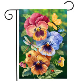 Pansy Trio Garden Flag with colorful pansies, butterflies, and dragonflies on a garden flag display.