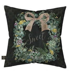 Black throw pillow with floral wreath, burlap bow, and "Sweet Home" text on white background.