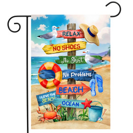 Beach Signs Garden Flag with colorful beach signs, seagulls, and beach accessories on sandy beach scene.