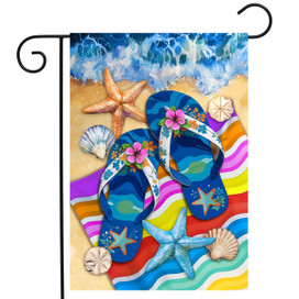 Flip Flop Haven Garden Flag with colorful beach scene and floral blue flip flops design.