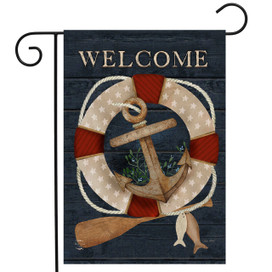 Coastal Anchor Garden Flag with nautical anchor, life preserver, and welcome text on dark background.