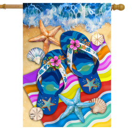 Flip Flop Haven House Flag with colorful beach design, blue flip flops, starfish, and seashells.