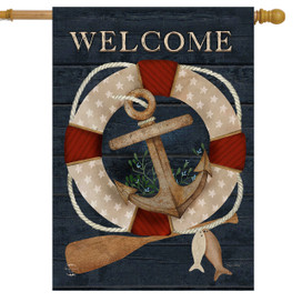 Coastal Anchor House Flag with nautical anchor, life preserver, and welcome text on navy background.