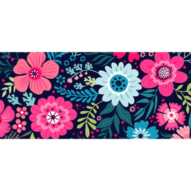 Vibrant floral pattern with pink, blue, and green flowers on a dark blue background mat.