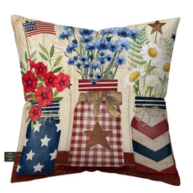 Welcome American Mason Jars pillow with patriotic floral design and mason jars on beige background.