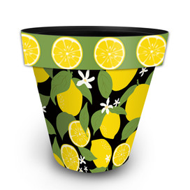 Lemons Large Planter with vibrant lemon and green leaf print on black background with white flowers.