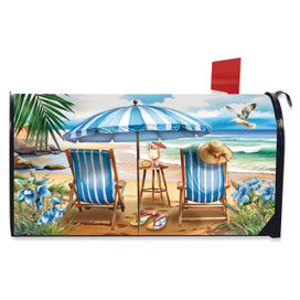 Beach Chairs Large Oversized Mailbox Cover with blue and white striped beach chairs and umbrella design.
