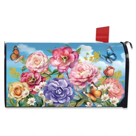 Butterflies and Peonies Large Oversized Mailbox Cover with colorful flowers and butterflies on blue background.
