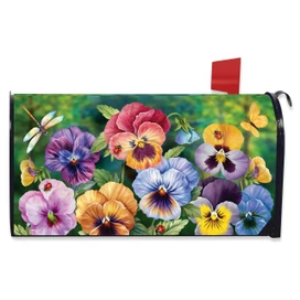 Pansy Trio Large Oversized Mailbox Cover with colorful flowers and insects on a green background.