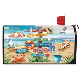 Beach Signs Mailbox Cover with colorful beach scene and signs on a mailbox with red flag.