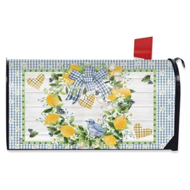 Bluebird Lemon Wreath Mailbox Cover, blue gingham, lemons, blue bird, and green floral design.