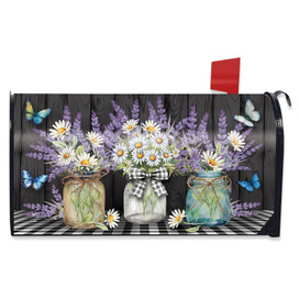 Lavender and Daisies mailbox cover with three mason jars, butterflies, on black wood background.