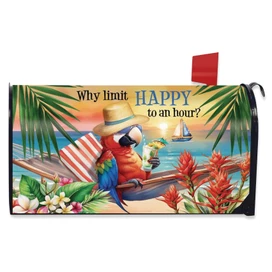 Happy Hour Parrott Mailbox Cover with colorful parrot, beach scene, and tropical flowers design.