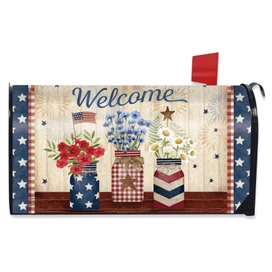 Welcome American Mason Jars mailbox cover with patriotic design and colorful floral mason jars illustration.