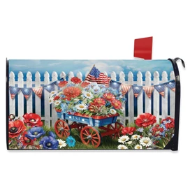 Patriotic Wagon Mailbox Cover with red wagon, flowers, American flags, and white picket fence design.