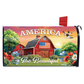 American Barn Mailbox Cover with patriotic barn, flowers, and "America The Beautiful" text on vibrant background.